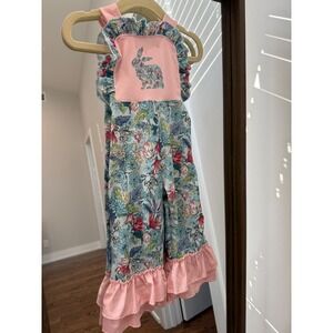 Boutique  Baby Girl Floral Bunny Ruffle Jumper Romper Pink Blue 12/18M NWT